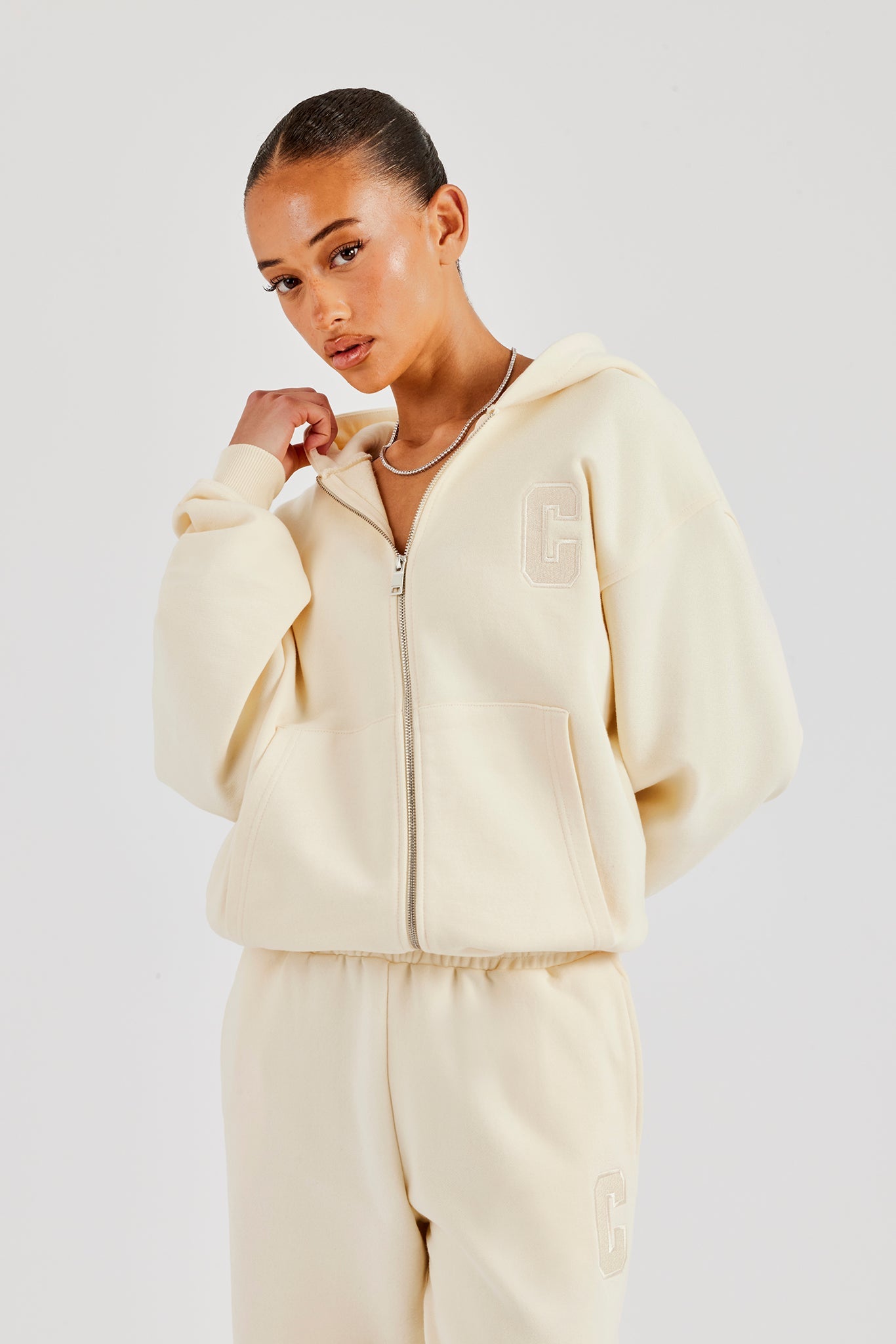 Embroidered C Zip Through Hoodie - Butter Yellow